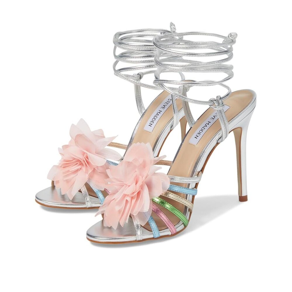 Steve Madden Jolisa Satin Flower Metallic Rainbow Silver Women's dress sandals